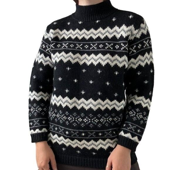 Vintage 90s Liz Claiborne Black 100% Wool Oversized Chunky Christmas Sweater S - Picture 1 of 7